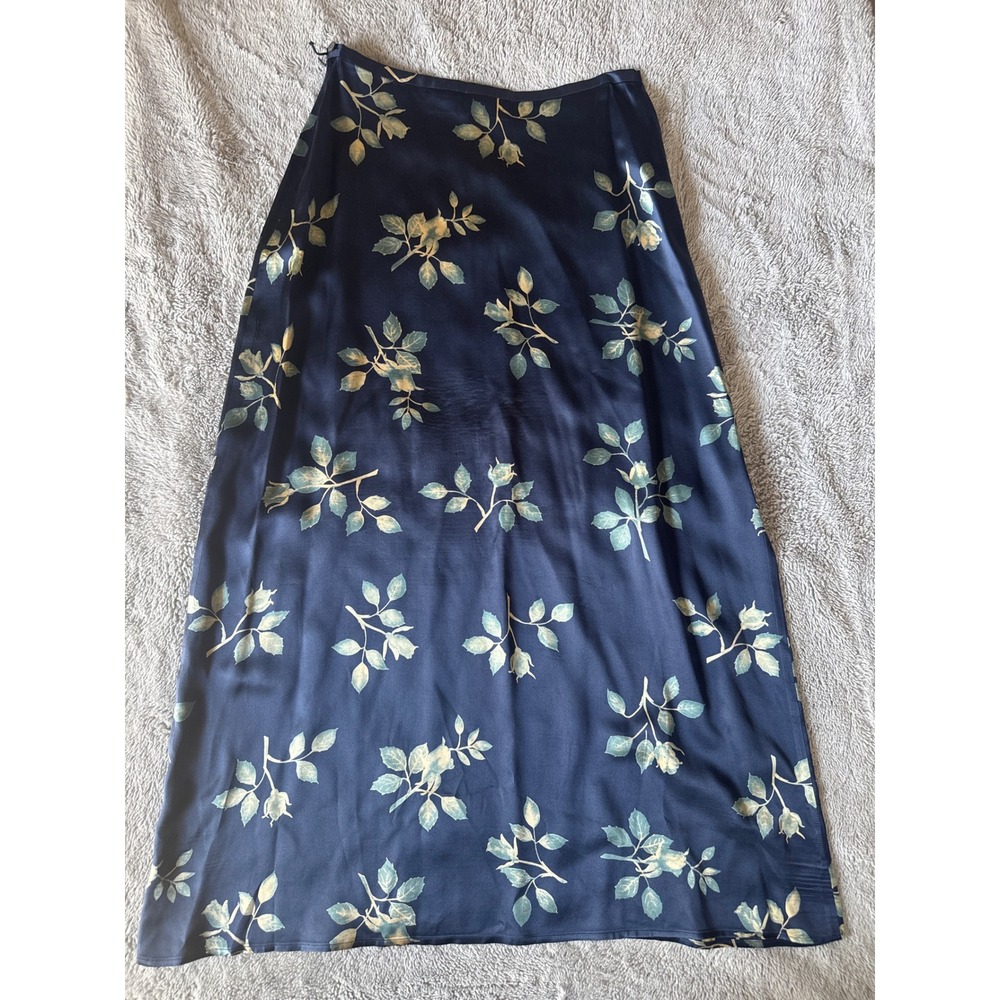 Limited America Vintage 100% Silk Midi Skirt Navy Floral Leaf Print Size 8